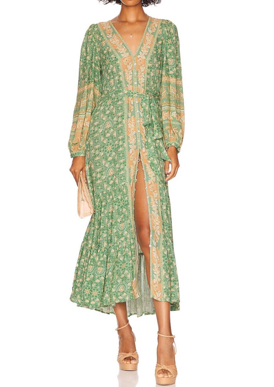 Spell Madame Peacock Button Through Gown XS Emerald Green Floral